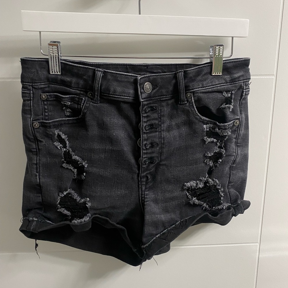 Black button up frayed shorts